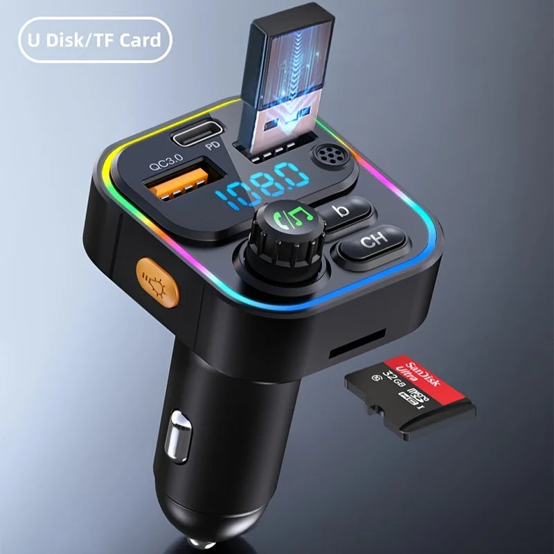 A black Bluetooth 5.3 FM transmitter with a USB disk/TF card is shown, featuring a display and controls.
