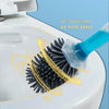 A blue refillable toilet brush is shown cleaning a white toilet bowl, demonstrating 360 surround cleaning.