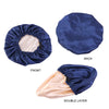 A satin sleep bonnet shown from the back, front, and double layer views.