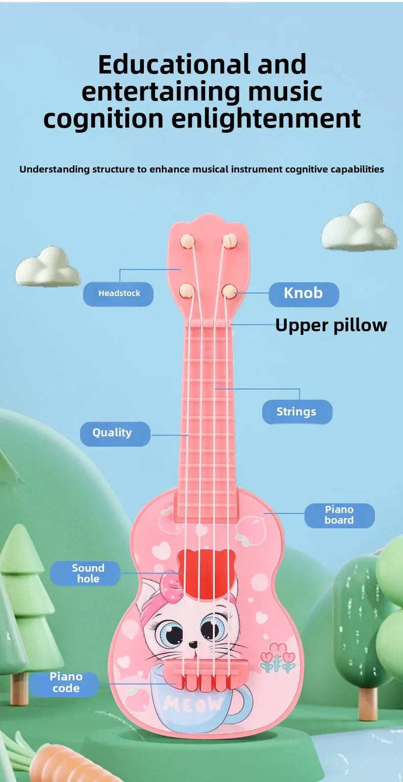 A pink mini ukulele toy guitar with strings and a sound hole is shown against a light blue background.