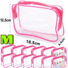 Clear pink PVC travel makeup and toiletry organizer bag with a zipper, shown in multiple configurations.