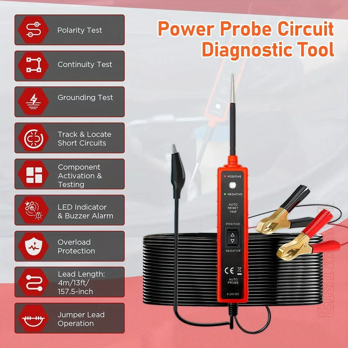 A red power probe circuit diagnostic tool with a black cable and gold probes is shown next to a black electrical cable.