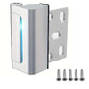 A silver heavy duty aluminum door lock with a blue light, shown next to several screws.