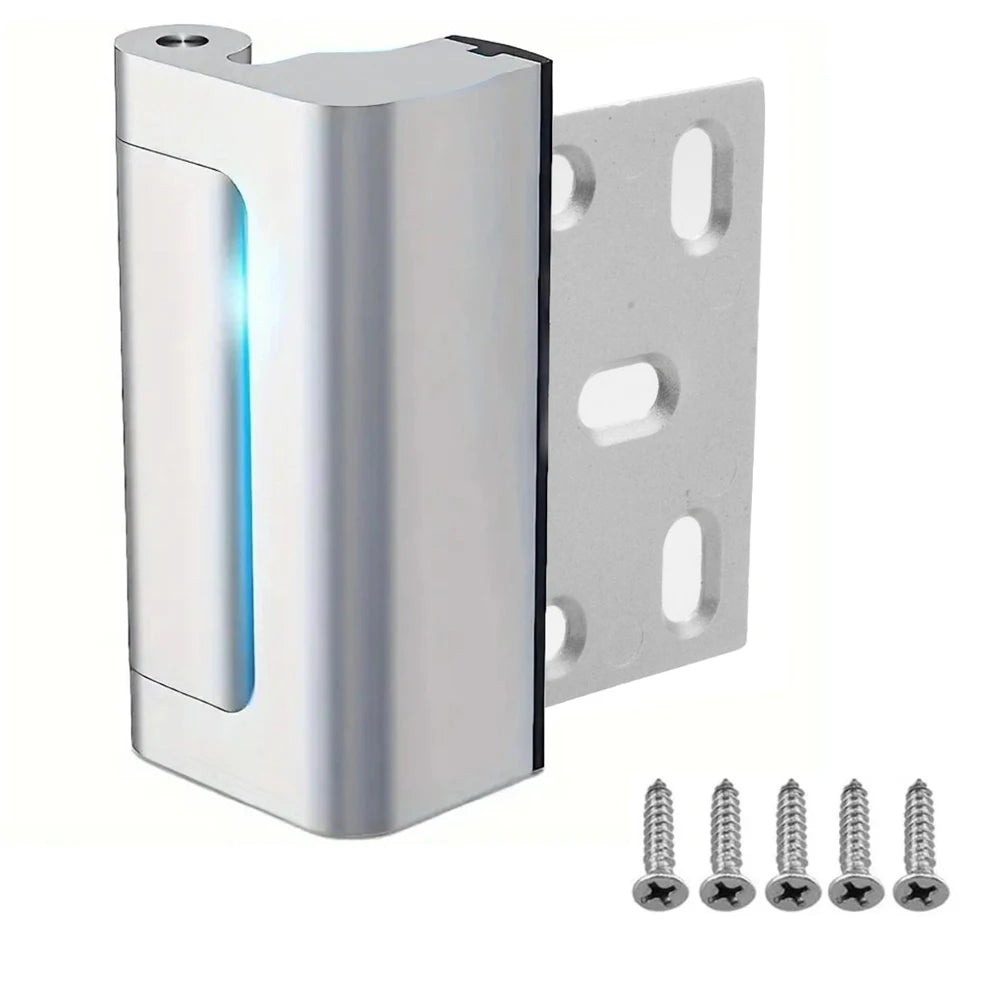 A silver heavy duty aluminum door lock with a blue light, shown next to several screws.