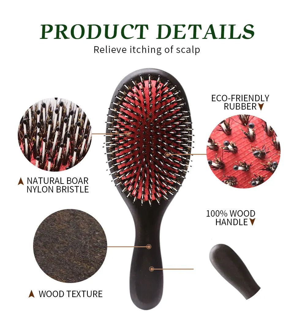 A black wooden hair brush with natural boar nylon bristles used for scalp relief and detangling.