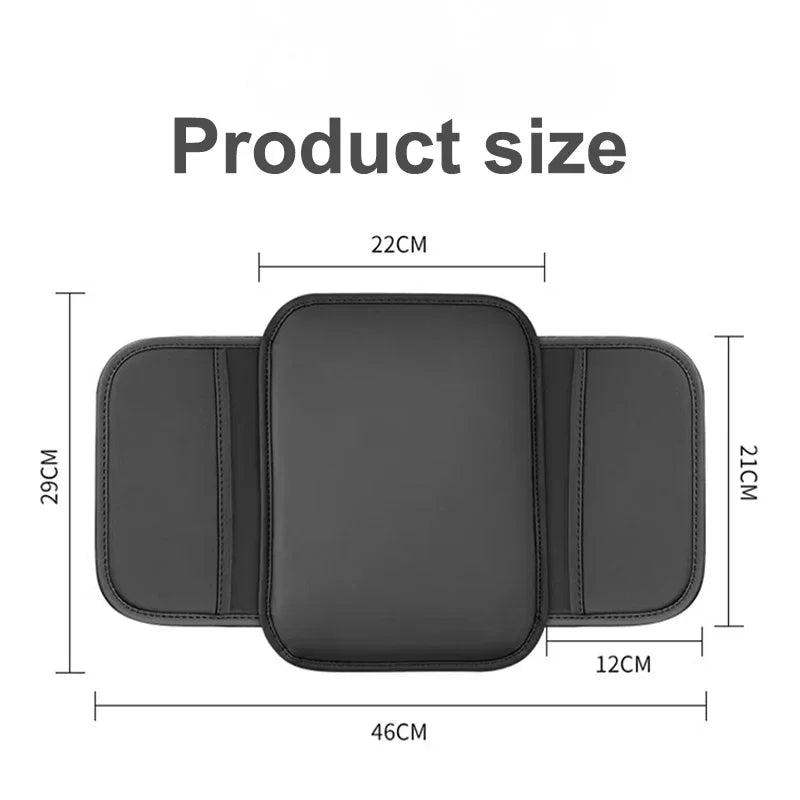 Diagram showing the dimensions of a PU leather car armrest cover with storage bag.