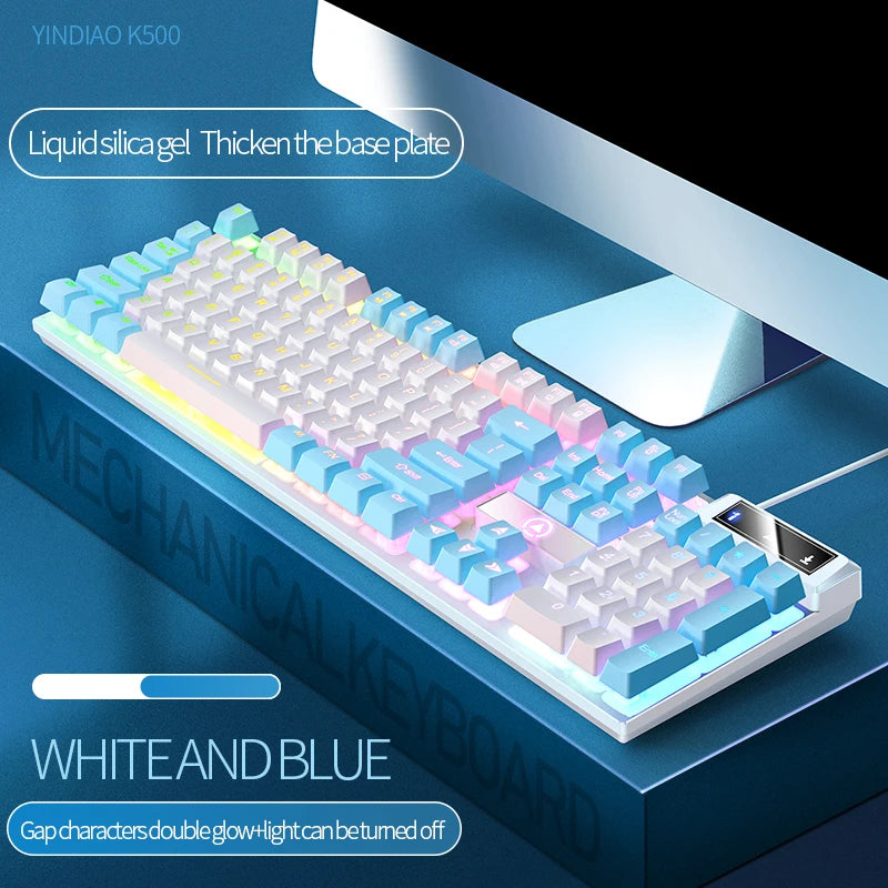 White and blue mechanical keyboard with liquid silica gel thickening the base plate