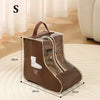 Brown waterproof boot storage bag with a transparent window shown on a light rug.