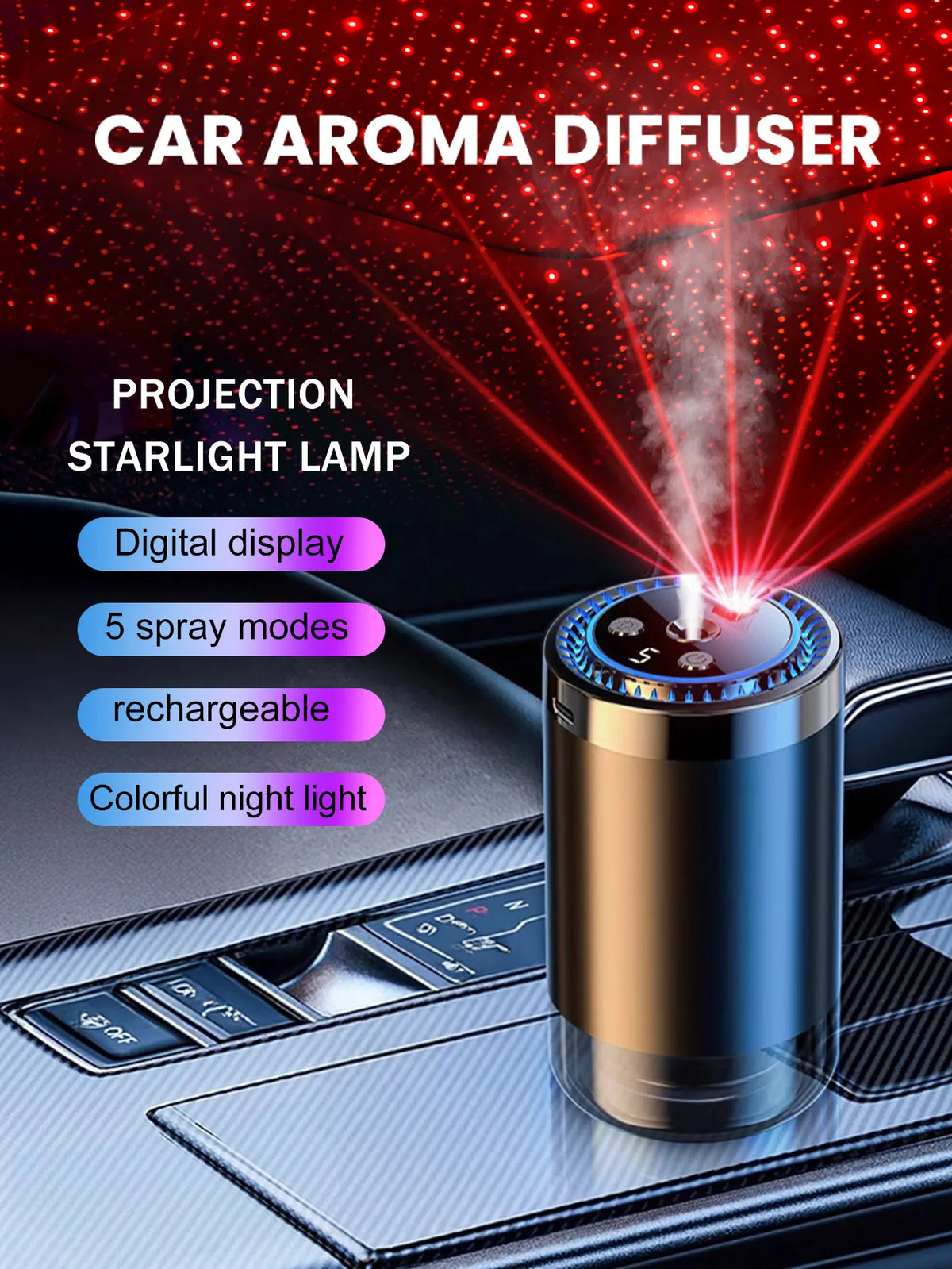 Diffuseur d'arôme pour voiture avec projection de lampe stellaire et écran numérique sur le tableau de bord.