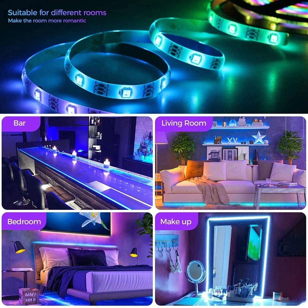 Various scenes showing Bluetooth RGB LED strip lights used for ambient lighting in a bar, living room, bedroom, and makeup ar