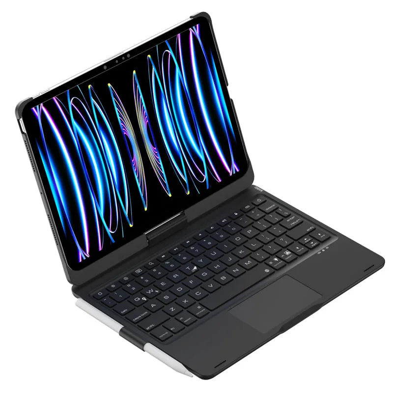 A black convertible keyboard case for an iPad displaying colorful light patterns.