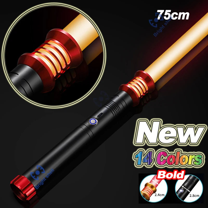A black lightsaber with a red grip and gold blade, showing various color options and dimensions.