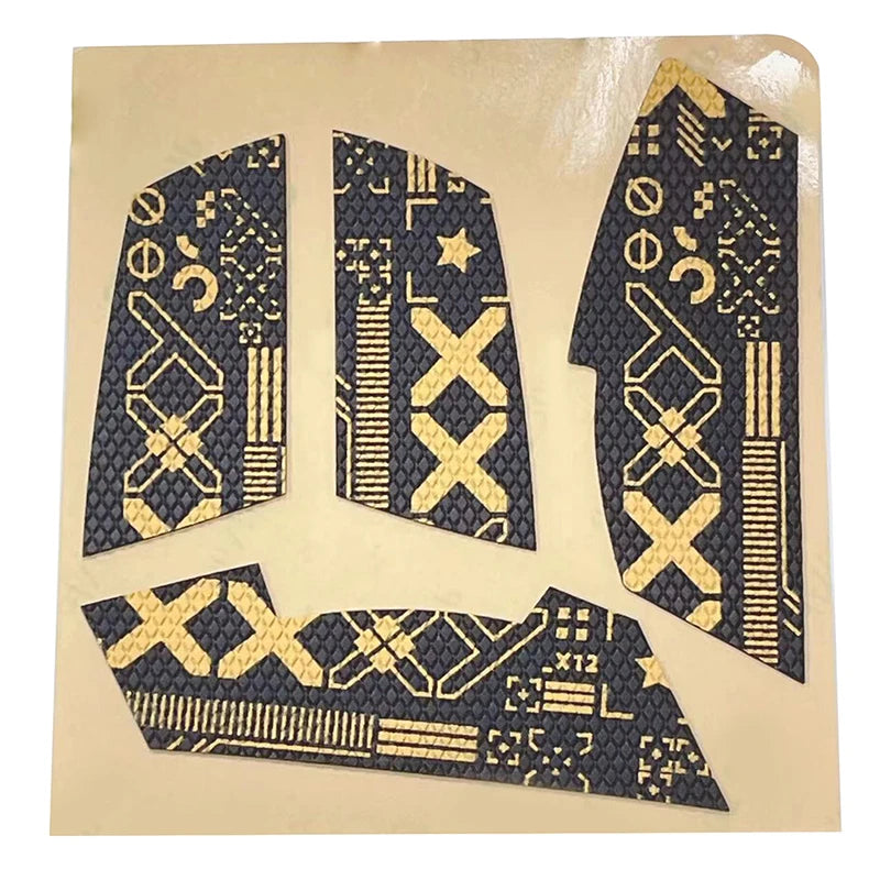 A set of anti-slip mouse grip tape decals featuring geometric patterns and gold accents on a beige background.