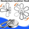 A silver neodymium carabiner hook with a swivel design and a round magnetic base.