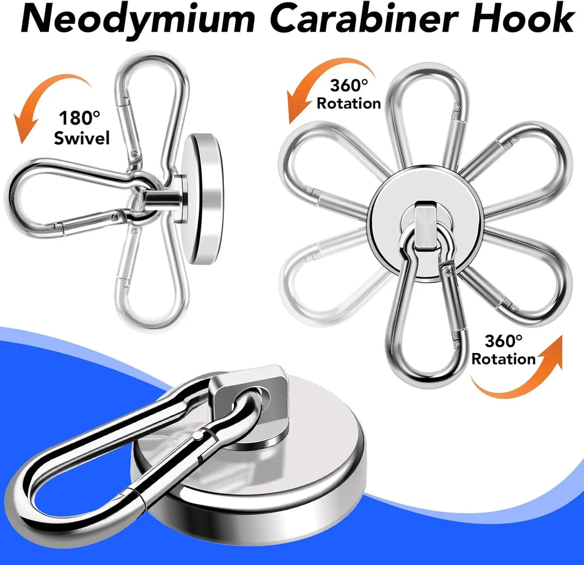 A silver neodymium carabiner hook with a swivel design and a round magnetic base.