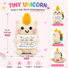 A small white unicorn crochet doll with yellow accents shown from front and side views.