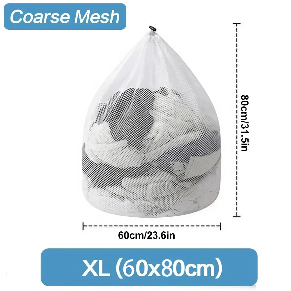 A white coarse mesh laundry bag with a drawstring closure, shown from the top.