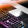 A close-up of a black gaming keyboard with purple and blue backlight, featuring a numeric keypad and a light switch.