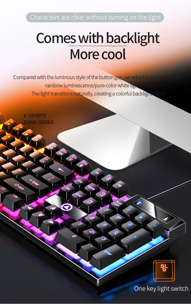 A close-up of a black gaming keyboard with purple and blue backlight, featuring a numeric keypad and a light switch.