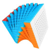 A stack of blue and orange puzzle cubes forming a fan shape.