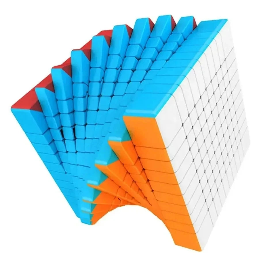 A stack of blue and orange puzzle cubes forming a fan shape.