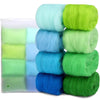A pack of eight colored wool roving bundles in shades of light green, turquoise, and blue for needle felting.