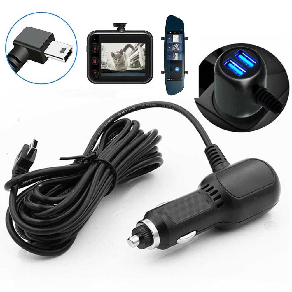A black 2-in-1 USB car charger with a micro USB cable and a camera module shown with various components.
