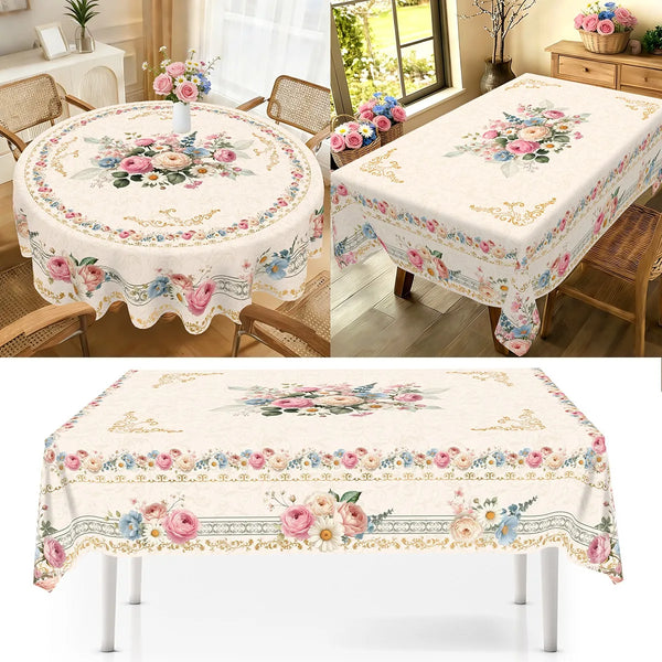 Vintage floral tablecloth featuring pink and blue roses and greenery for a dining table.