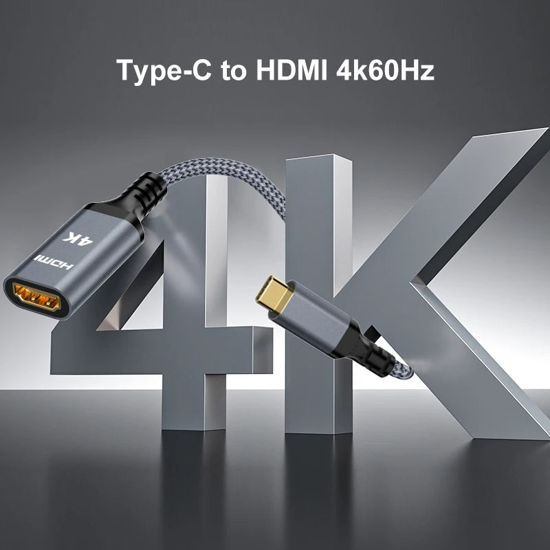 A Type-C to HDMI 4K 60Hz adapter cable is shown next to the number 4, demonstrating a video conversion device.