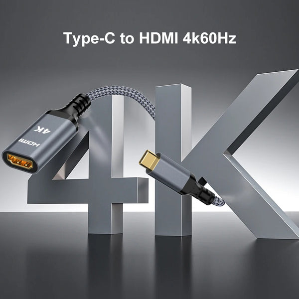 A Type-C to HDMI 4K 60Hz adapter cable is shown next to the number 4, demonstrating a video conversion device.