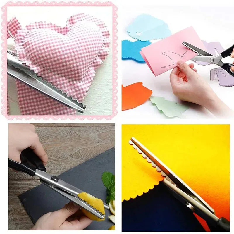 A hand uses professional stainless steel pinking shears to cut fabric, demonstrating the tool's use for crafting.