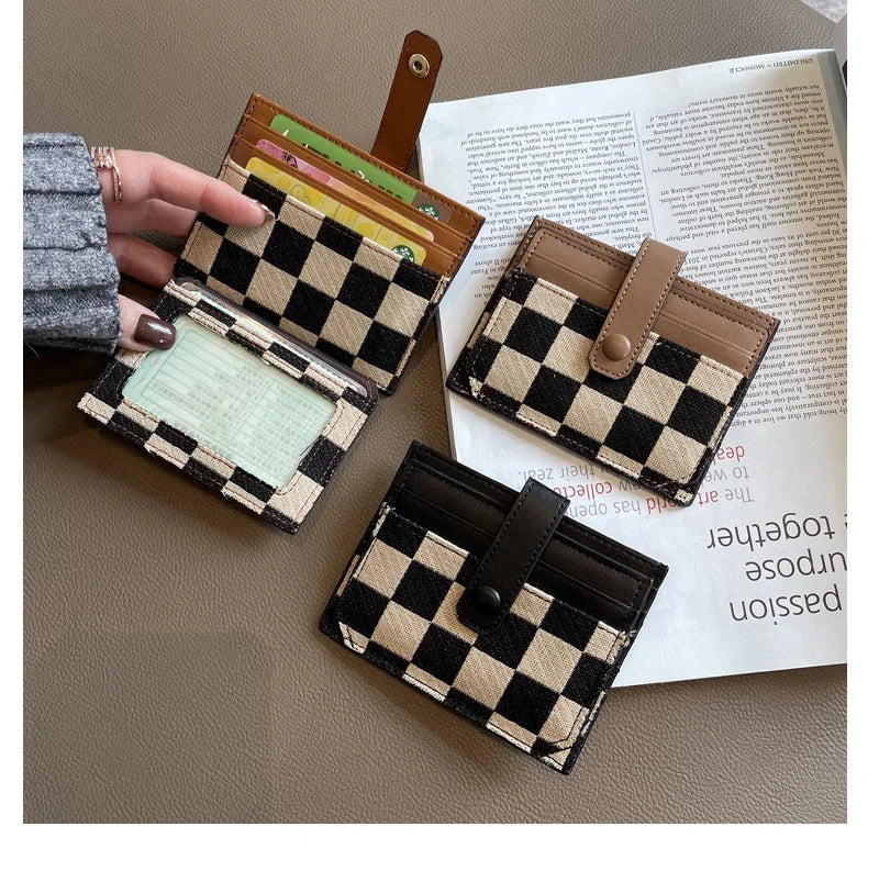 Checkered Canvas Card Wallet with Buckle Closure