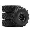 A set of four black metal beadlock wheels with tires for an RC crawler.