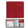 A red leather card holder wallet displaying a silhouette of a car and text for registration and insurance documents.