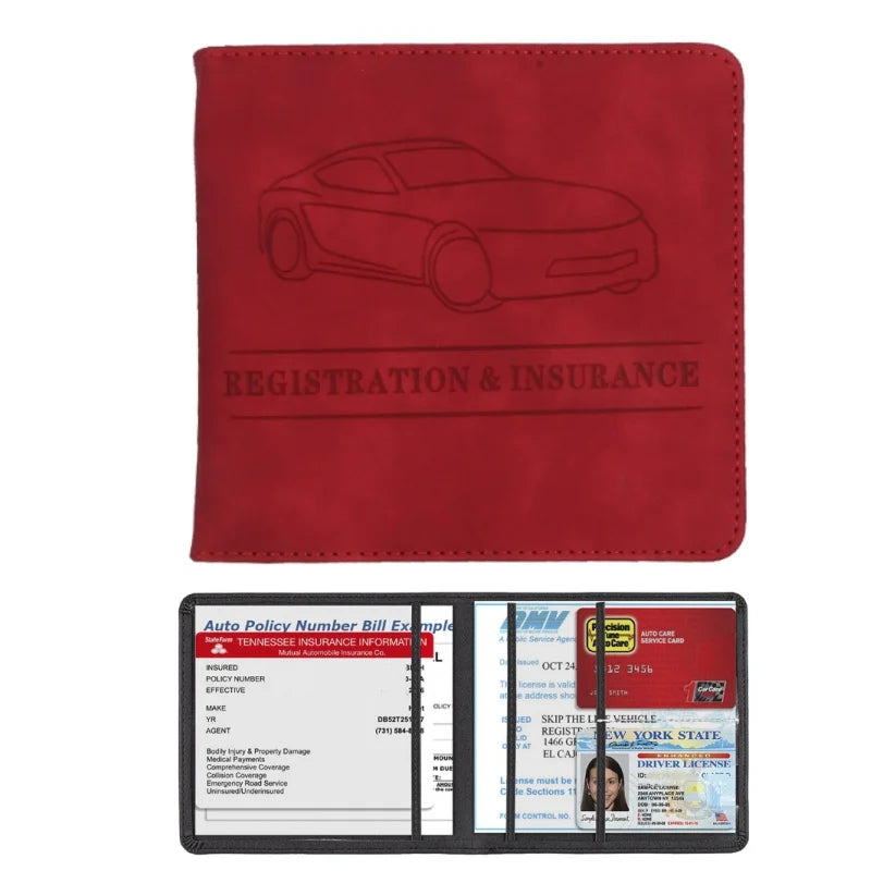 A red leather card holder wallet displaying a silhouette of a car and text for registration and insurance documents.