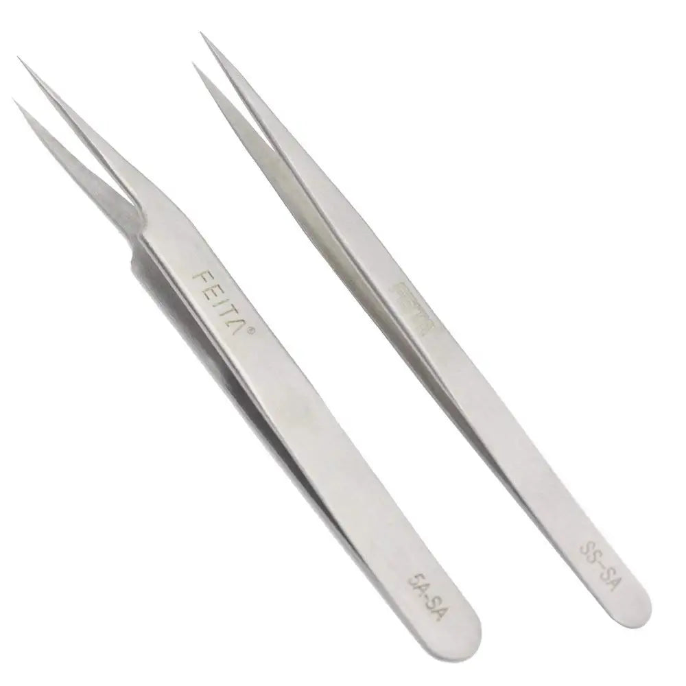 A pair of precision stainless steel tweezers with fine tips.