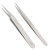 A pair of precision stainless steel tweezers with fine tips.