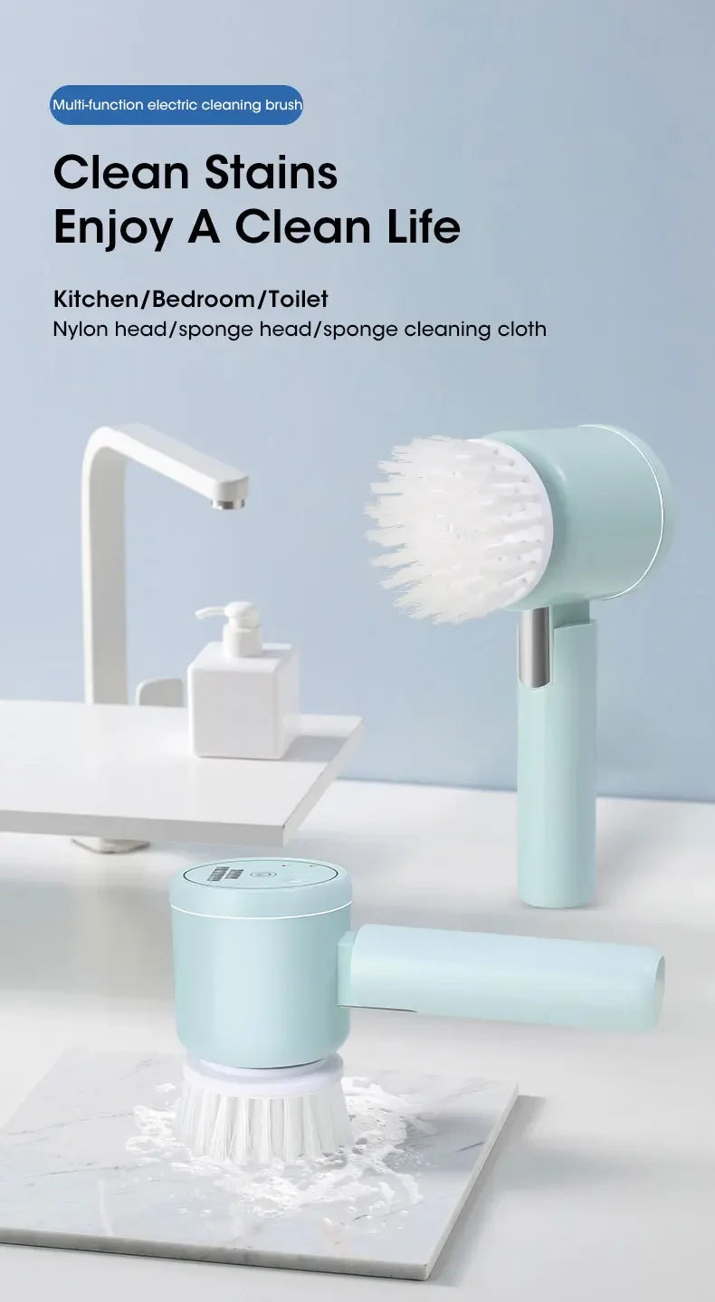 A light blue cordless electric spin scrubber with interchangeable brush heads cleaning stains on a marble surface.