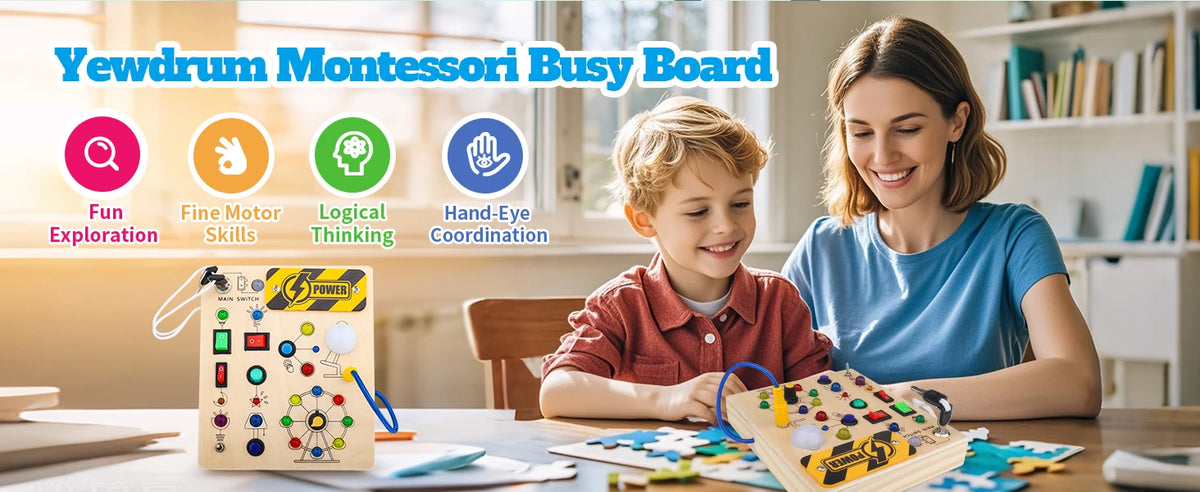 Montessori Wooden Busy Board with LED Switch Controls