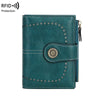 A teal leather wallet with multiple card slots and RFID protection features.