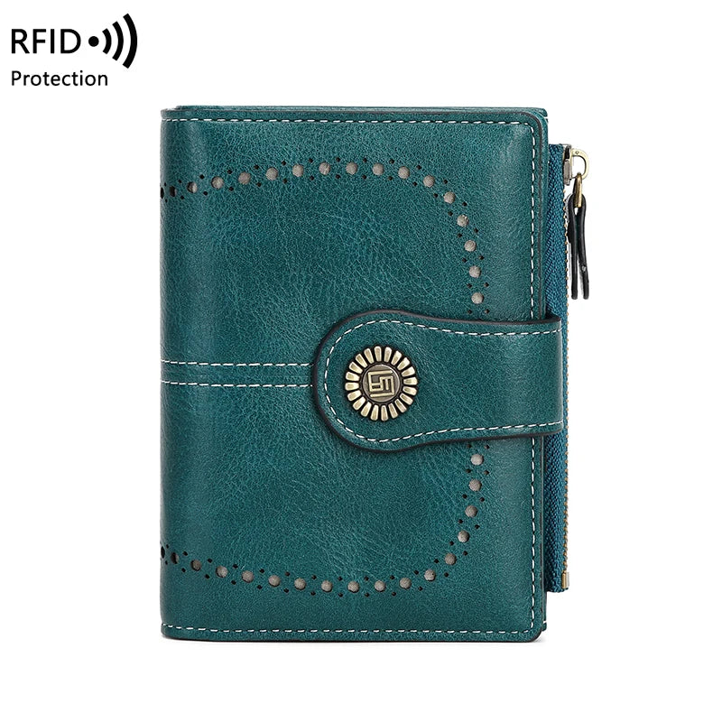 A teal leather wallet with multiple card slots and RFID protection features.