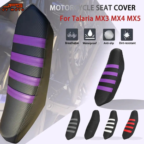 Motorcycle seat cover for Talaria MX3 MX4 motorcycle seat in black and purple stripes