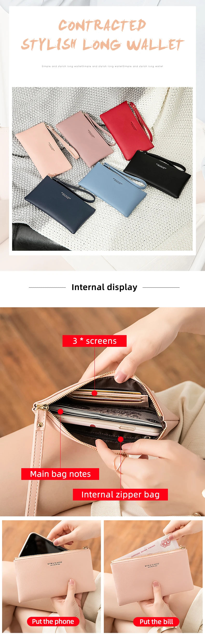 Slim PU Leather Zip-Around Wallet with Card and Phone Pockets