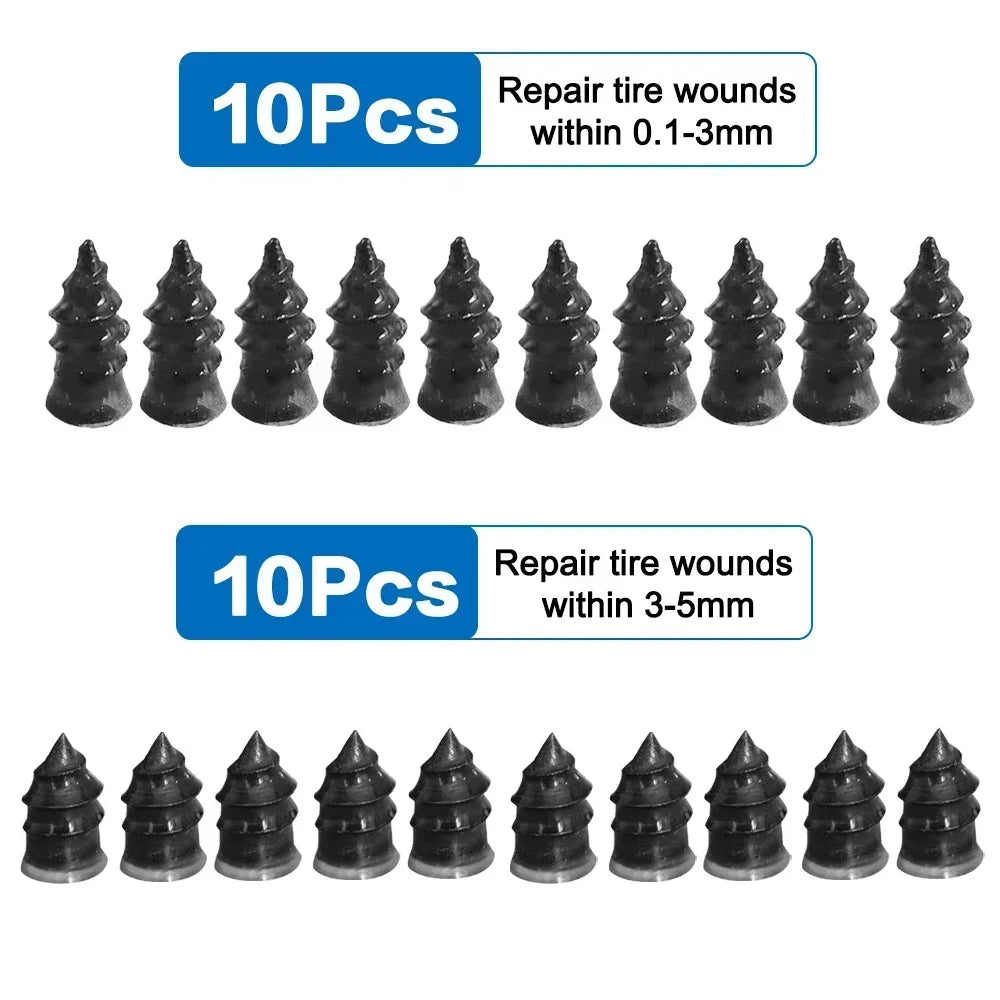 Set of 10 tire repair nails for various vehicles, packaged in two groups with different wound sizes.