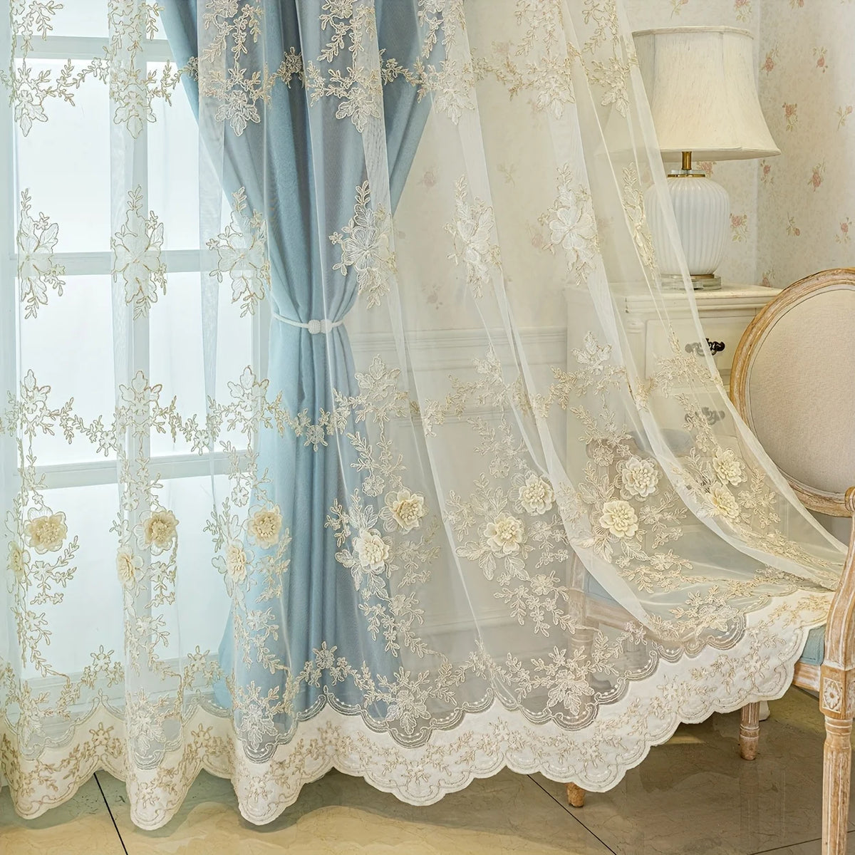 Embroidered Floral Blackout Curtain, Double Layer Sun Protection for Bedroom & Living Room