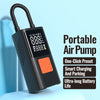A black portable air pump with a coiled hose and digital display is shown on a light blue background.