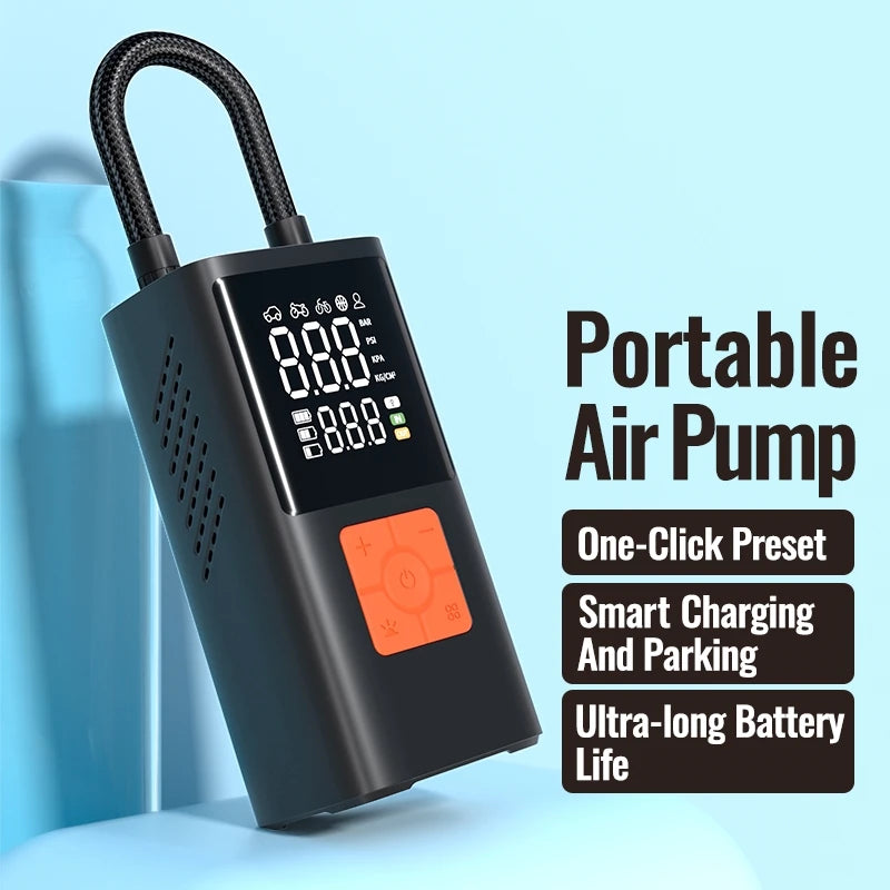 A black portable air pump with a coiled hose and digital display is shown on a light blue background.