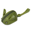 A genuine leather cartoon mouse coin purse in olive green with a zipper and strap.