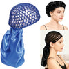 A black mesh crochet hair net with a satin blue fabric tie and a matching blue mesh head covering shown on a model.