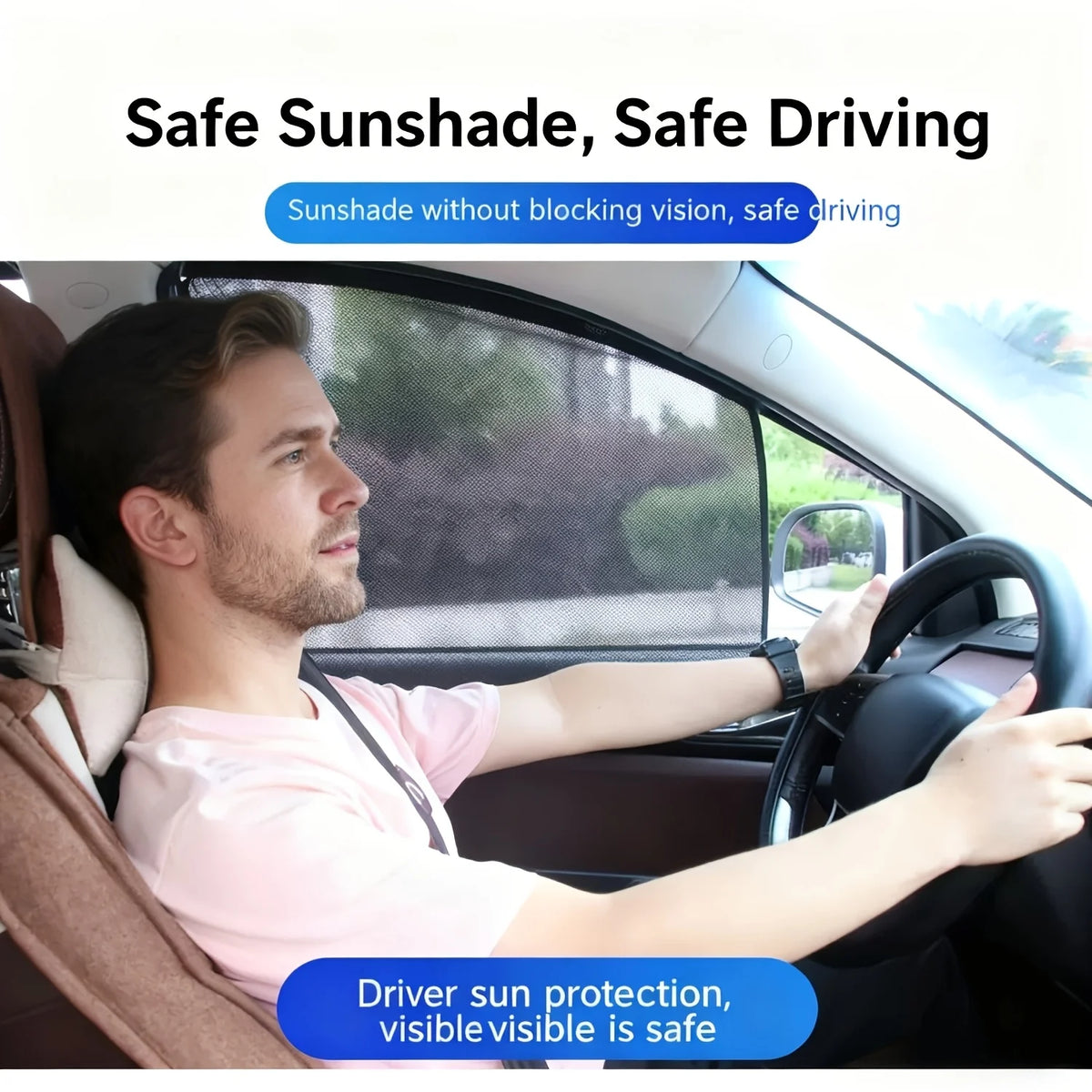 A man driving a car with a sunshade installed on the window, demonstrating safe driving.